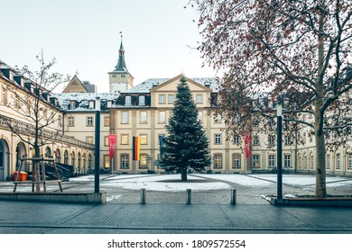 Wurzburg/Germany-3/1/19: The Big Christmas Tree In Front Of The City Council Building On Ruckermainstrasse In The Centre Of Wurzburg