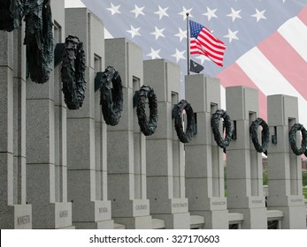 WW II Memorial In Washington DC Showing State Column Posts For  Nevada, Colorado, South Dakota, Washington And Kansas