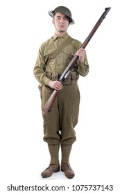 WW1 British Army Soldier From France 1918, Isolated On White Background