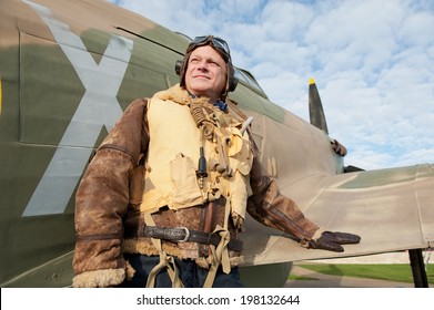 WW2 Fighter Pilot With Hurricane Aircraft