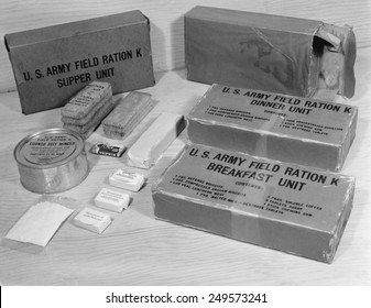 WW2 'K Rations' issued to U.S. soldiers in emergencies and continuous combat. The three meals, weighs only 2 pounds and contained 3,000 calories. - Shutterstock ID 249573241