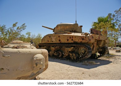 WW2 Sherman Tank In California Desert. Rear View