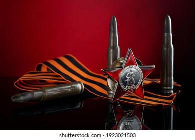 WW2 Victory Day 9 May. Order Of The Red Star And St. George's Ribbon. Veterans Greeting Card Concept.