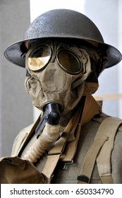 WWI Soldier Wearing A Protective Gas Mask