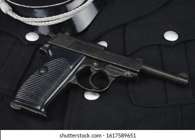 WWII Era Nazi German Waffen SS Black Uniform 1930 Year Pattern And Army Handgun