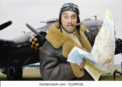 WWII Fighter Pilot With Map And Funny Face