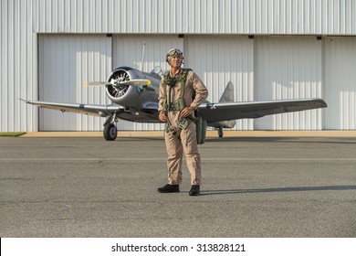 A WWII Military Pilot With His SNJ5 Aircraft Returning From A Mission