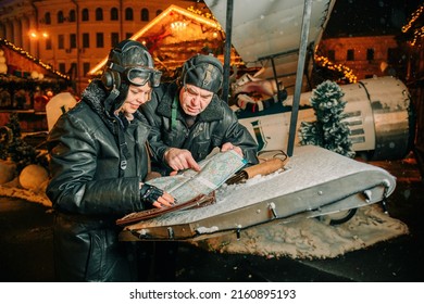 
WWII Pilots Discussing A Flight Plan Improvised Noise Added To Enhance The Effect