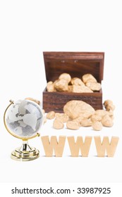 WWW bring wealth concept using WWW characters block plus world globe with treasure chest and golden nuggets