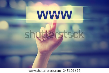 WWW concept with hand pressing a button on blurred abstract background