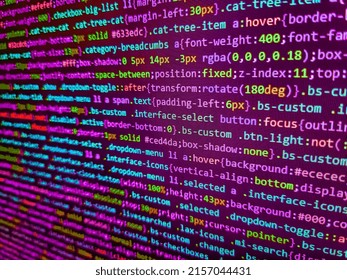 WWW software development. Close up of random computer code comprised of numbers and letters. Database bits access stream visualisation. Application web source code on monitor