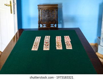 Wygiezlow, Poland - August 14, 2020: Playing Cards Table With Cards Unfolded In The Manor House Of A Wealthy Noble Family From Droginia From The 18th Century. 