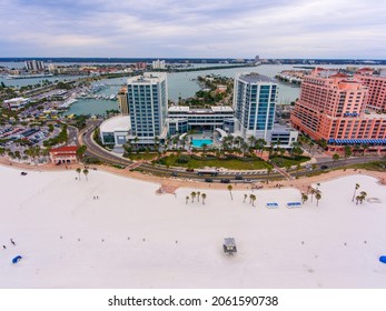 Wyndham Grand Clearwater Beach Hotel Aerial View In A Cloudy Day, City Of Clearwater, Florida FL, USA. 