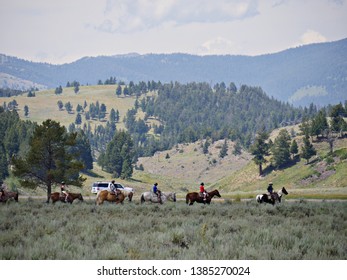 Wyoming, USA--July 2018: Horseback Riding Is One Of The Popular Activities For Tourists At Yellowstone National Park.