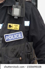 Wythenshawe, Manchester - 10th Sept 2019 Police Officers Equipment Vest With A Body Cam, CCTV Badge And Police Badge.