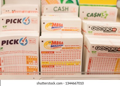 Wytheville, VA/USA - March 20, 2019 Pick 4, Mega Millions, and PowerBall lottery papers are provided to customers to select their lottery number combinations at a Sheetz in Wytheville, VA.