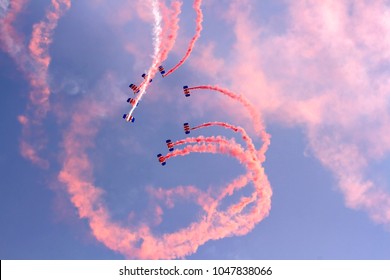 WYTON, CAMBRIDGESHIRE, UK - AUGUST 25, 2016: Royal Air Force Falcons Parachute Display Team Carry Out A Display At RAF Wyton.