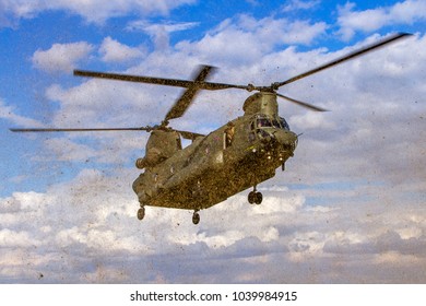 WYTON, CAMBRIDGESHIRE, UK – AUGUST 31, 2017: Royal Air Force 18 Squadron Boeing Vertol CH-47D Chinook HC2A ZH892 Flies Into RAF Wyton In Cambridgeshire.