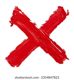X mark painted from red lipstick on white background with clipping path