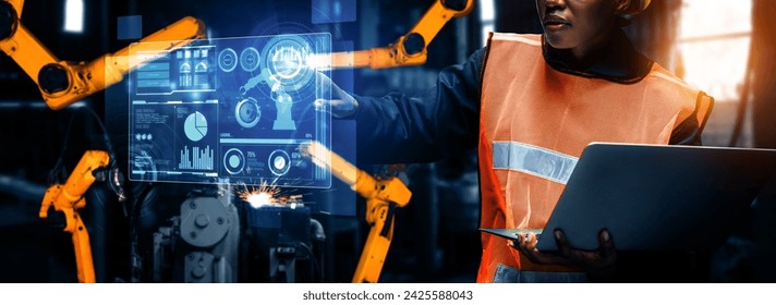 XAI Advanced robot arm system for digital industry and factory robotic technology. Automation manufacturing robot controlled by industry engineering using IOT software connected to internet network.