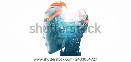 XAI Mechanized industry robot and robotic arms double exposure image. Concept of artificial intelligence for industrial revolution and automation manufacturing process in future factory.