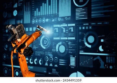 XAI Robot arm AI analyzing mathematics for mechanized industry problem solving. Concept of robotics technology and machine learning for automated manufacturing process.