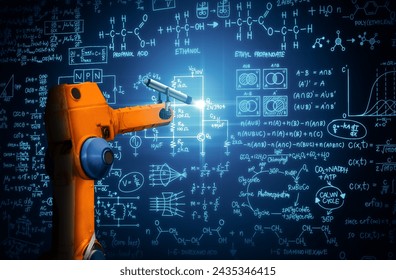 XAI Robot arm AI analyzing mathematics for mechanized industry problem solving. Concept of robotics technology and machine learning for automated manufacturing process.
