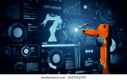 XAI Robot arm AI analyzing mathematics for mechanized industry problem solving. Concept of robotics technology and machine learning for automated manufacturing process.