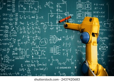 XAI Robot arm AI analyzing mathematics for mechanized industry problem solving. Concept of robotics technology and machine learning for automated manufacturing process.