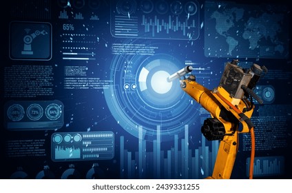 XAI Robot arm AI analyzing mathematics for mechanized industry problem solving. Concept of robotics technology and machine learning for automated manufacturing process.