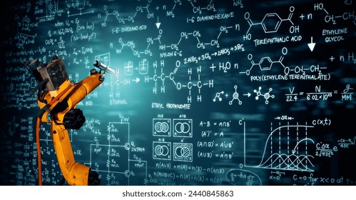 XAI Robot arm AI analyzing mathematics for mechanized industry problem solving. Concept of robotics technology and machine learning for automated manufacturing process.