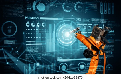 XAI Robot arm AI analyzing mathematics for mechanized industry problem solving. Concept of robotics technology and machine learning for automated manufacturing process.