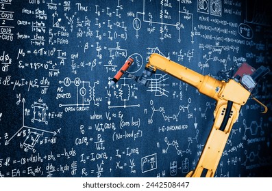XAI Robot arm AI analyzing mathematics for mechanized industry problem solving. Concept of robotics technology and machine learning for automated manufacturing process.