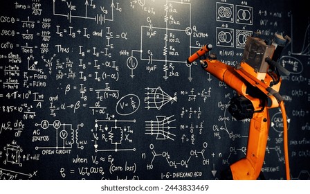 XAI Robot arm AI analyzing mathematics for mechanized industry problem solving. Concept of robotics technology and machine learning for automated manufacturing process.