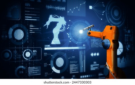 XAI Robot arm AI analyzing mathematics for mechanized industry problem solving. Concept of robotics technology and machine learning for automated manufacturing process.