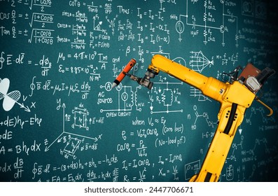 XAI Robot arm AI analyzing mathematics for mechanized industry problem solving. Concept of robotics technology and machine learning for automated manufacturing process.