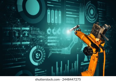 XAI Robot arm AI analyzing mathematics for mechanized industry problem solving. Concept of robotics technology and machine learning for automated manufacturing process.