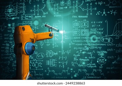 XAI Robot arm AI analyzing mathematics for mechanized industry problem solving. Concept of robotics technology and machine learning for automated manufacturing process.