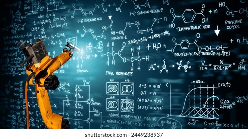XAI Robot arm AI analyzing mathematics for mechanized industry problem solving. Concept of robotics technology and machine learning for automated manufacturing process.