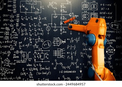 XAI Robot arm AI analyzing mathematics for mechanized industry problem solving. Concept of robotics technology and machine learning for automated manufacturing process.