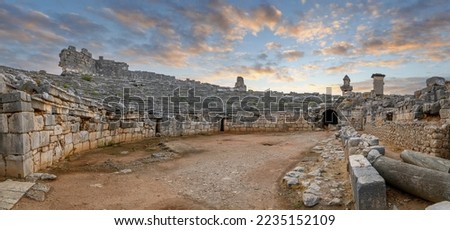 Xanthos Ancient City. Grave monument and the ruins of ancient city of Xanthos - Letoon in Kas, Antalya, Turkey at sunset. Capital of Lycia.