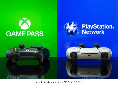 Xbox And Playstation 5 Controllers With Game Pass And Playstation Network Logos, Selective Focus,, 3 Fev, 2022, Sao Paulo, Brazil.