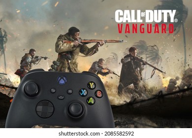Xbox Series S Carbon Black Controller with  Call of Duty Vanguard game blurred in the background. Rio de Janeiro, RJ, Brazil. December 2021.