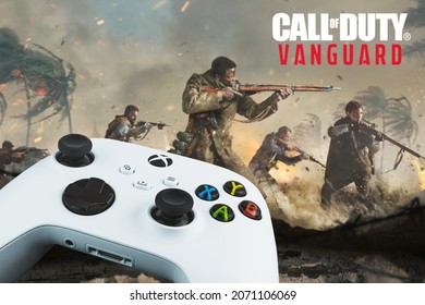 Xbox Series S Robot White Controller with Call of Duty Vanguard game blurred in the background. Rio de Janeiro, RJ, Brazil. November 2021.