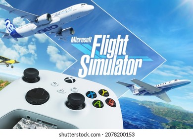 Xbox Series S Robot White Controller With Microsoft Flight Simulator Game Blurred In The Background. Rio De Janeiro, RJ, Brazil. November 2021.