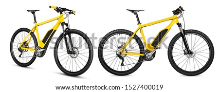 xellow ebike pedelec set with battery powered motor bicycle moutainbike. mountain bike ecology modern transport concept isolated on white background