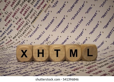 xhtml - cube with letters and words from the computer, software, internet categories, wooden cubes