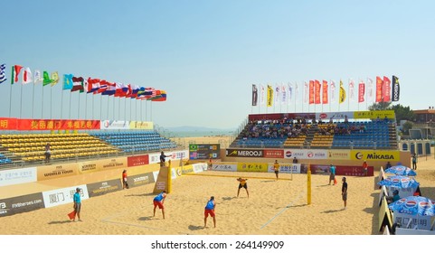 XIAMEN, CHINA, OCTOBER 23, 2013: View of the main court during FIVB beach volleyball tournament GRAND SLAM Xiamen open in China.