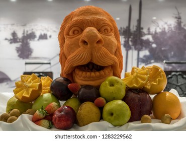 XIAMEN, CHINA - OCTOBER 31, 2018: Artistic Carving Of Gourd For Halloween