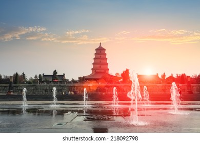 Xian Big Wild Goose Pagoda And Fountain At Dusk 